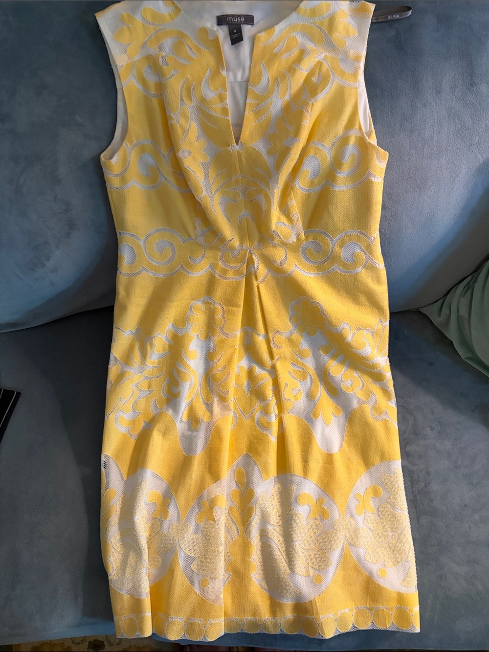 Muse Yellow and White Twist-Front Jacquard Sheath Dress